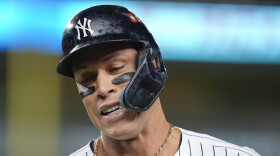 New York Yankees outfielder Aaron Judge reacts after flying out against the Kansas City Royals during the third inning of Game 2 of the American League baseball playoff series, Monday, Oct. 7, 2024, in New York. (AP Photo/Frank Franklin II)