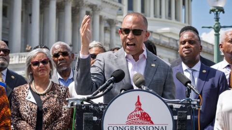 House Minority Leader Hakeem Jeffries, D-N.Y., and members of the Congressional Black Caucus speak outside the Capitol in Washington, Tuesday, May 19, 2026. (AP Photo/J. Scott Applewhite)