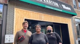 St. Louis-based CBD Kratom employees Ariel Nielson, center, and Alex Taykowski-Schmitt, right, voted in favor to unionize in the election held the first week of June. Garrett Farley, an organizer for Union Local 655, right, visited the polling location at the Cherokee Street store.