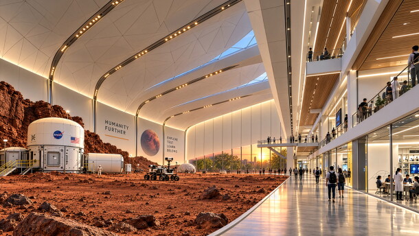 Rendering that shows the inside of a academic building with science labs on the right, a hallway with people walking in the middle and a simulated rocky planet surface with a rover, astronaut and small white building with a NASA sign on it.