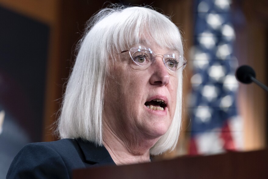 FILE - Sen. Patty Murray, D-Wash., speaks during a news conference the vote to codify Roe v. Wade, in this May 5, 2022 file photo on Capitol Hill in Washington. Murray is one of the U.S. Senate's most powerful members and seeking a sixth term at another inflection point for women now that the U.S. Supreme Court has overturned the 1973 Roe v. Wade decision legalizing abortion nationwide. She is being challenged by Tiffany Smiley, a Republican from Pasco, Wash.