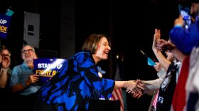 Sen. Amy Klobuchar greets supporters before speaking at the launch rally for Gov. Tim WalzÕs third gubernatorial campaign at The Depot in Minneapolis on Sept. 19, 2025.