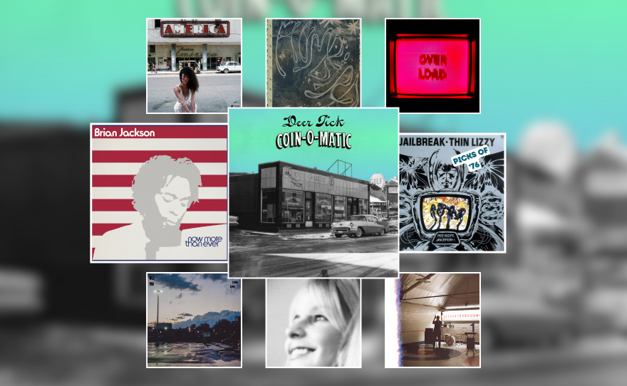 Artwork for nine albums and singles within white square frames over a grey and blue background.
