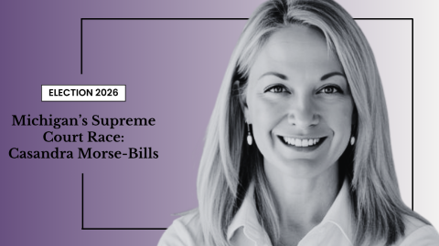 A woman smiling in a professional portrait with text about Casandra Morse-Bills running in Michigan’s 2026 Supreme Court election.