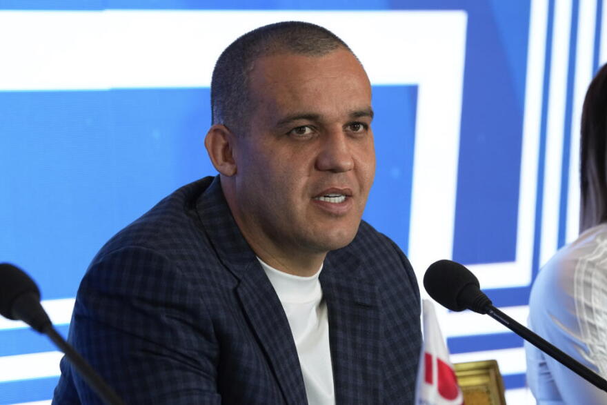 The Russian president of the International Boxing Association, Umar Kremlev, gives a press conference, in Paris, Thursday, Nov. 16, 2023. (Michel Euler/AP)