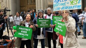 Advocates rallied outside of Chicago City Hall in October 2023 calling for the Illinois Commerce Commission to cut proposed rate hikes from the state’s four largest gas utilities.