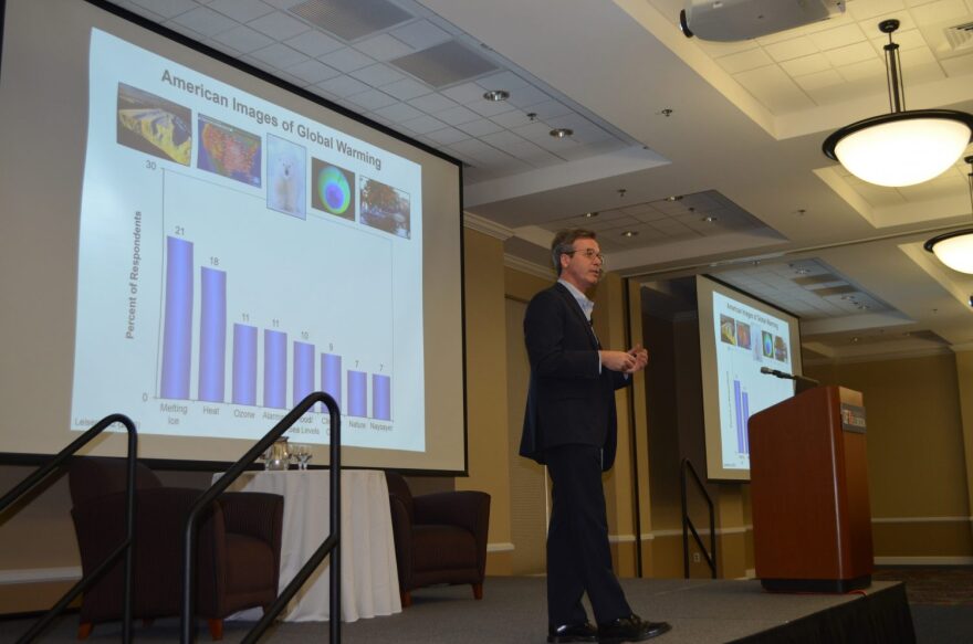 Anthony Leiserowitz, director of Yale University’s program on Climate Change Communication, addresses the crowd at Wednesday’s UF Climate Change Communications Summit. Leiserowitz is an expert on American and international public opinion on global warming and presented findings from his recent empirical assessment of public interest on climate change at the summit.