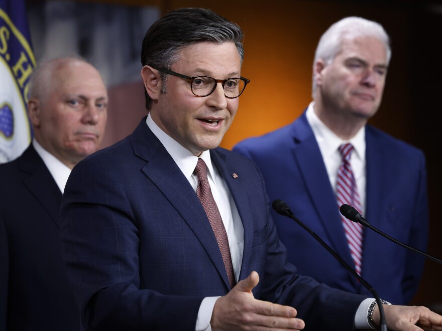 Speaker of the House Mike Johnson speaks about the spending package during a news conference on March 20. The House of Representatives went on to pass six appropriations bills funding the government on Friday.