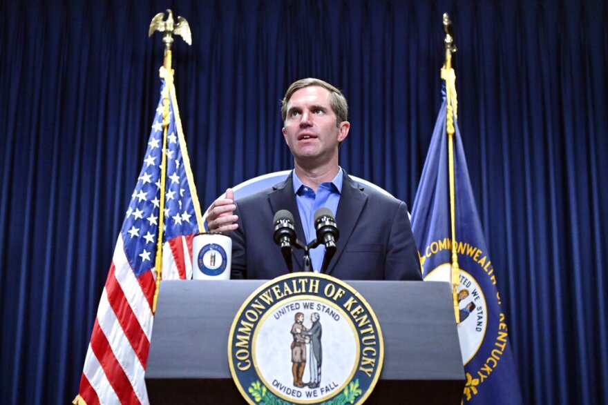 Kentucky Gov. Andy Beshear speaks about the increases in COVID-19 cases in the state and the opening day of the Kentucky State Legislature special session in Frankfort, Ky., Tuesday, Sept. 7, 2021.