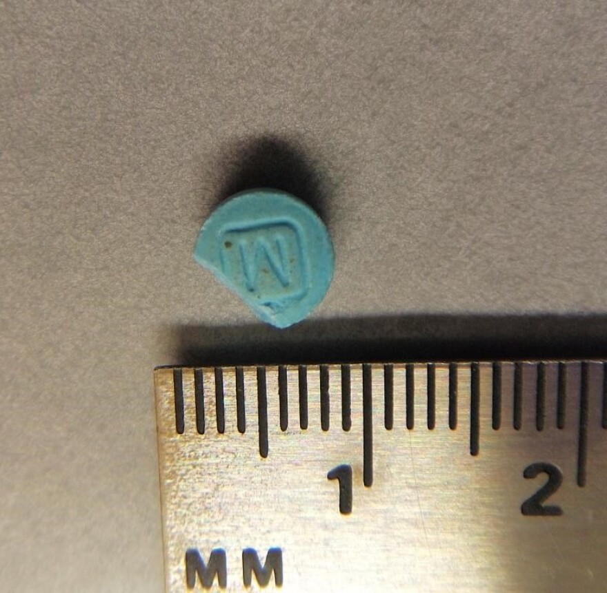 The counterfeit oxycodone tablet actually contained fentanyl. (Courtesy of Alaska Dept. of Health and Social Services.)