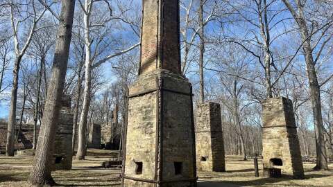 Remnants of Maramec Iron Works still stand at Maramec Spring Park near St. James, Missouri.