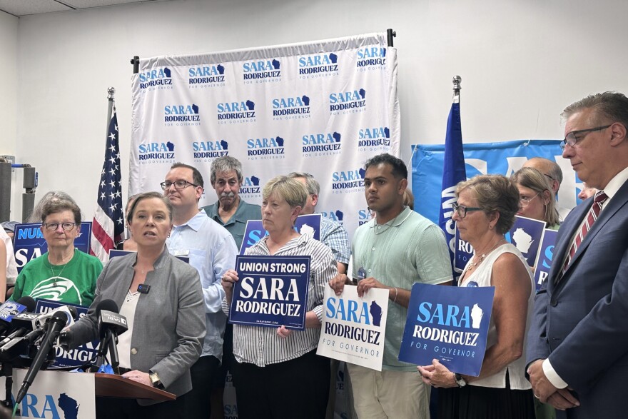 Democratic candidate for Wisconsin governor Sara Rodriguez speaks to supporters, Monday, July 13, 2026, in Madison, Wis.