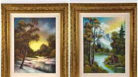 two side-by-side paintings. on left if a winter stream with yellow sky and trees. on right is a snowy mountain top with a lake/stream and a small cabin in the trees.