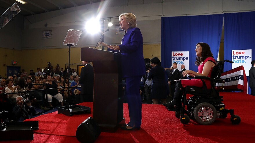 Democratic presidential nominee Hillary Clinton speaks during a campaign event in Orlando, Fla., on Wednesday, where she discussed economic opportunity for Americans with disabilities.