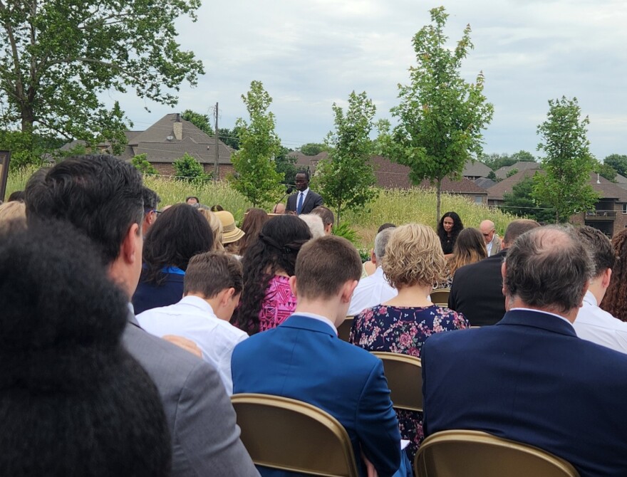 Paul Essel with the Springfield Stake says a prayer during the groundbreaking for the Church of Jesus Christ of Latter-Day Saints Temple in Springfield, Mo. on June 6, 2026.