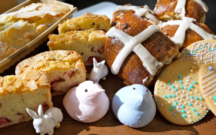 Hot cross buns and other Easter treats from Flour Bakery in Boston. Flour sells the buns for about a month near Easter, but "customers want them earlier every year," executive pastry chef Nicole Rhode says.