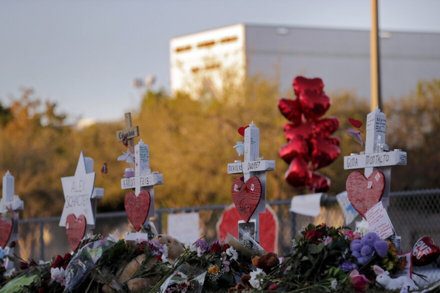 A line of white crosses with red hearts is at the foreground of the picture, with Marjory Stoneman Douglas High School in the background. 