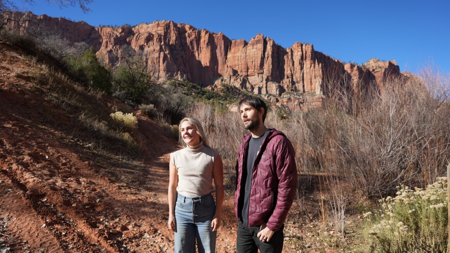 Gabby Olsen and Dion Obermeyer, owners of Rock Odysseys, speak during an interview Friday, Dec. 5, 2025, in Hildale, Utah.