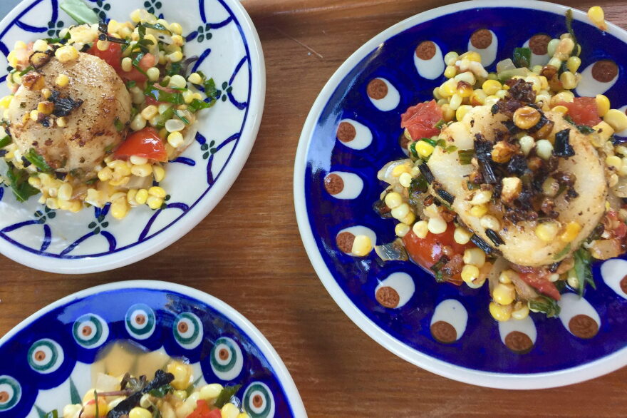Kathy's sautéed scallops with corn, basil and tomato. (Kathy Gunst for Here & Now)