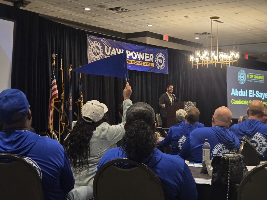 U.S. Senate candidate Abdul El-Sayed addresses UAW officials at the union's Michigan Community Action Program Conference.