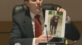 Portsmouth Mayor Deglan McEachern holds up a photo of "Frankie," the dog electrocuted behind Portsmouth High School, before issuing an apology to the dog's owner during a City Council meeting April 6, 2026.