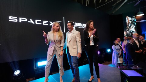 SpaceX President and COO Gwynne Shotwell, left, speaks with Louisiana Gov. Jeff Landry, center, and Sec. of Louisiana Economic Development Susan Bonnett Bourgeois during an event with SpaceX announcing a deal to build a new spaceport in Louisiana, Tuesday, Aug. 25, 2026, in Abbeville, La. (AP Photo/Gerald Herbert)