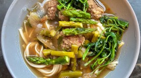 Spring miso broth with greens and ginger meatballs. (Kathy Gunst/Here & Now)