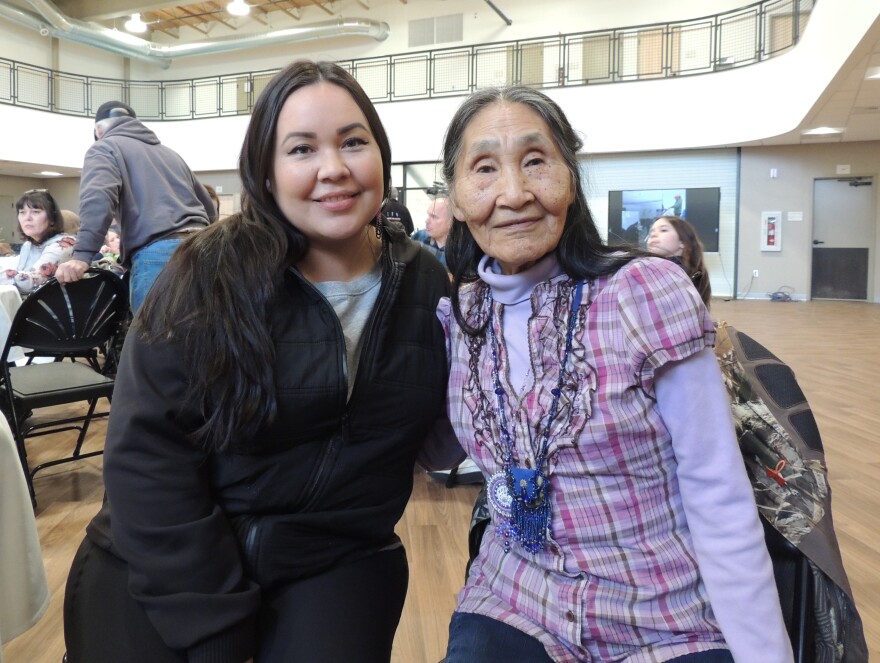 Helen Dick (right) with her granddaughter, Andrea Ivanoff. The two work together on Dena'ina transcriptions everyday.