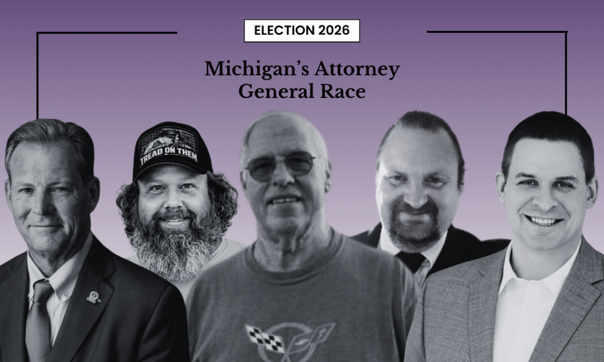 An “Election 2026” graphic headlined “Michigan’s Attorney General Race” on a purple gradient background. Five black-and-white candidate photos are arranged in a row: from left, an older man in a suit and tie; a man with long hair and a beard wearing a trucker hat that reads “Tread on Them”; an older man with glasses and a casual t-shirt; a man in a suit with a beard; and a younger clean-cut man in a blazer.