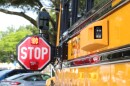 close up of safety camera on school bus with stop sign