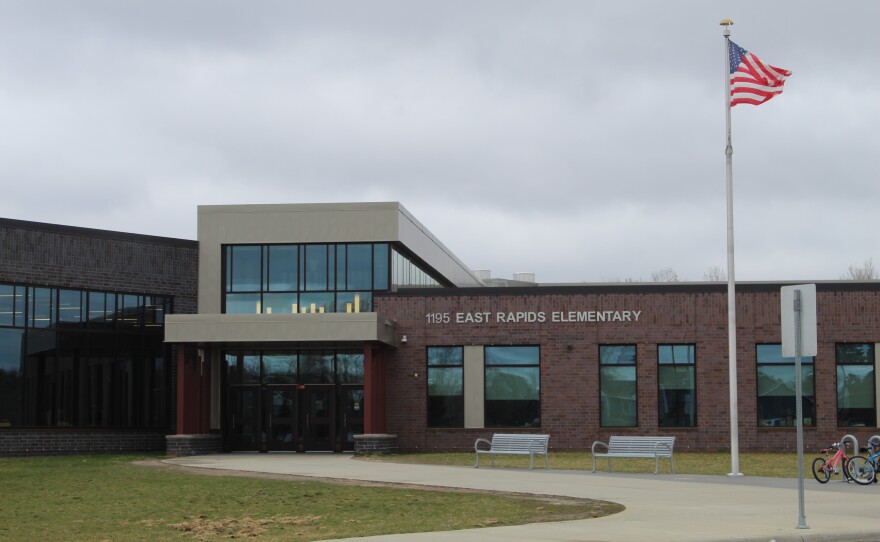 The entrance to East Rapids Elementary in Grand Rapids on April 23, 2024.