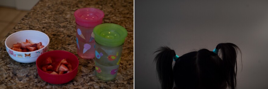 Left: Foster mom Christi gets strawberries ready for her migrant children after they come home from school. Right: One of the migrant children paints a coloring book at home.