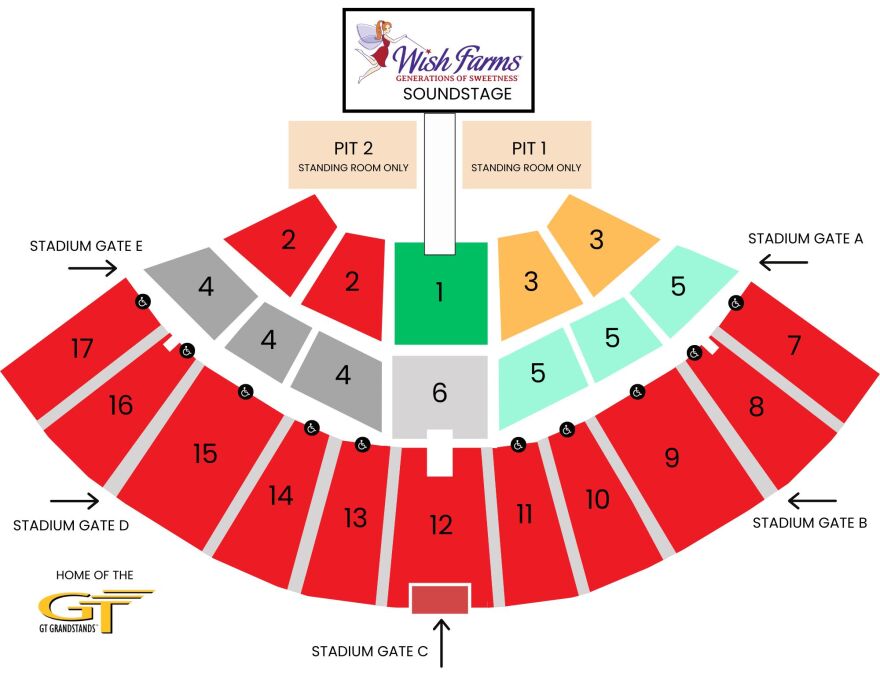 A map of the seating arrangements and entrances at the stadium hosting the Florida Strawberry Festival headlining concert series.