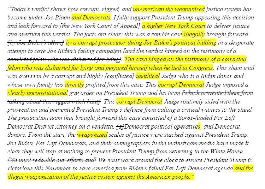 The updates made to the statement from Stefanik's campaign are shown here, with additional text highlighted and deleted text with a strike through.