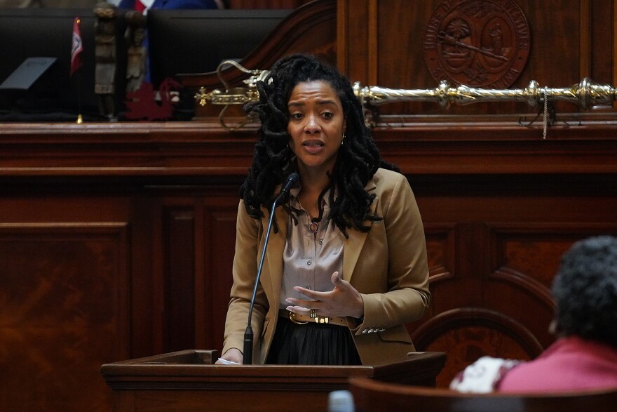 Rep. Courtney Waters, D-Charleston, speaks on her amendment to the bathroom bill H. 4756 in the House chamber at the South Carolina Statehouse on Jan. 28 , 2026.