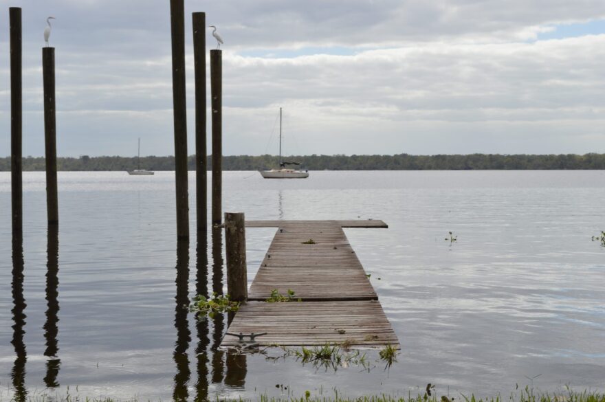 High levels of water from Friday’s storm flood a dock in the St. Johns River. Paul Flateau, a captain at the Putnam County Emergency Services said flooding from the storm caused a lot of property damage throughout the county. (Cecilia Mazanec/WUFT News)