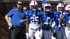 FILE - SMU head coach Rhett Lashlee looks on from the sidelines during the first half of an NCAA college football game against Cincinnati, Saturday, Oct. 22, 2022, in Dallas.