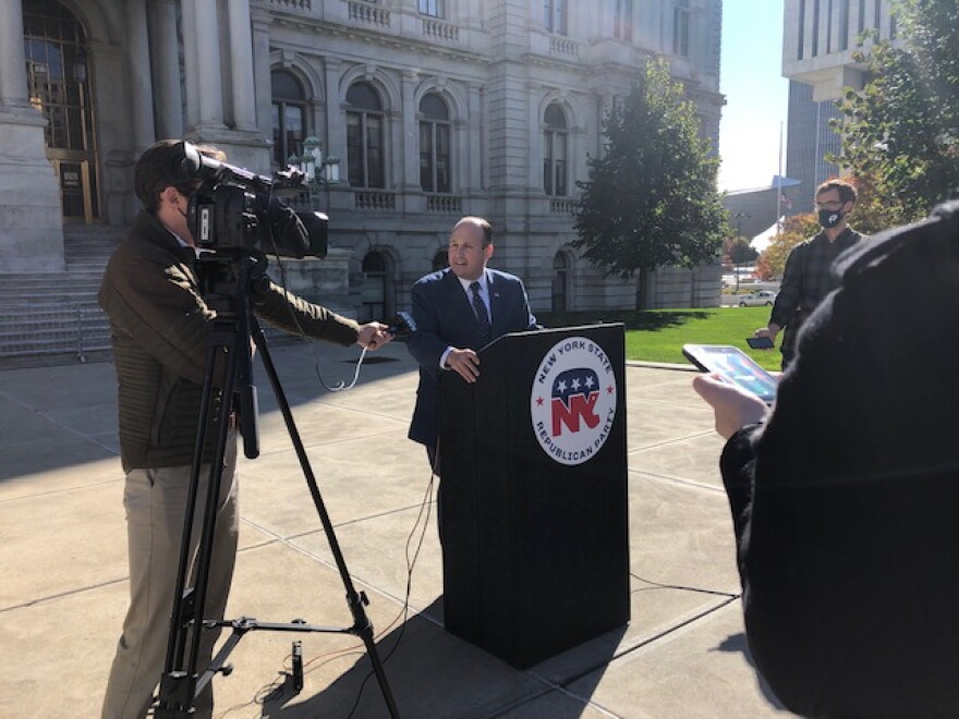 New York state Republican Chairman Nick Langworthy speaks to reporters outside the State Capitol on Nov. 4.