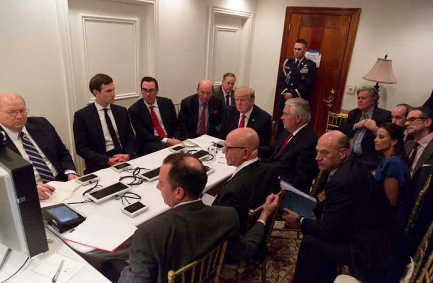 President Donald Trump recieving a briefing about the Syrian chemical attack at Mar-a-Lago in West Palm Beach.