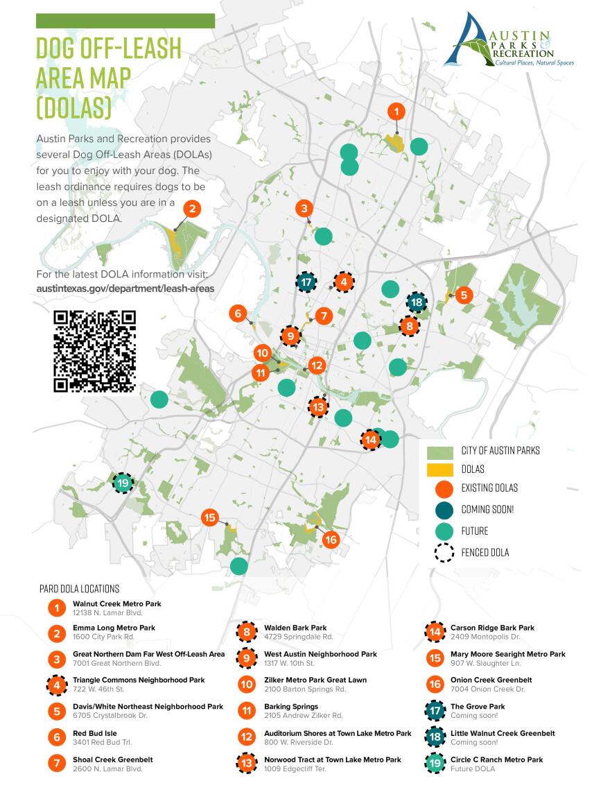 A map showing the City of Austin with dots marking the areas that are off-leash