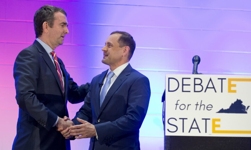 Democratic gubernatorial candidates Lt. Gov. Ralph Northam, left, and former Congressman Tom Perriello, right, shake hands after a debate in Richmond, Va., in May. (Steve Helber/AP)