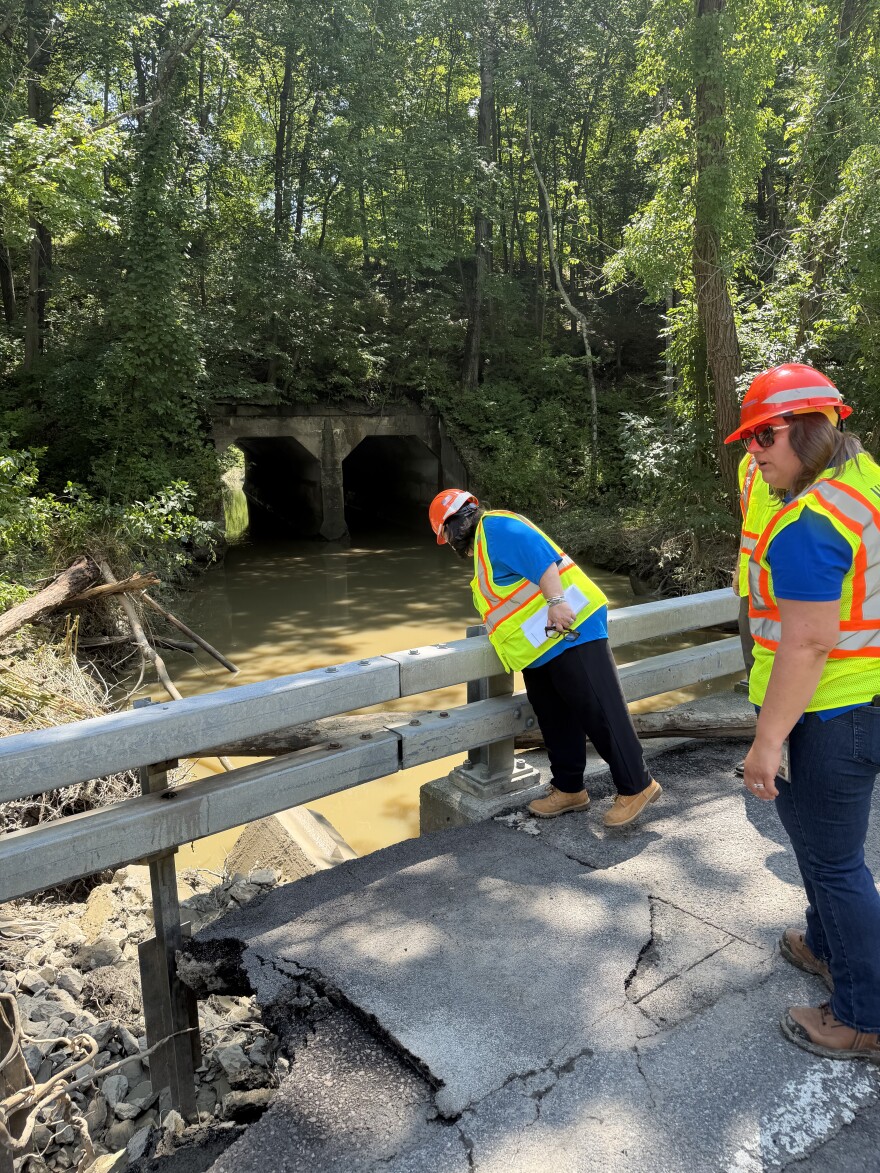 NYSDOT Commissioner Marie Therese Dominguez surveys damage to the Mill Creek Bridge in Stuyvesant.