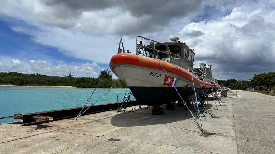 U.S. Coast Guard Station Apra Harbor 45-foot Response Boat Mediums are hauled out and attached to heavy weather tie-downs on May 21, 2023, in advance of Forces Micronesia Sector Guam crews ahead of the arrival of Typhoon Mawar.