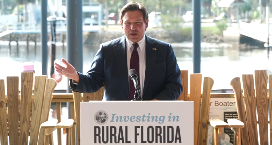 Gov. Ron DeSantis announcing local infrastructure funds at a press conference in Steinhatchee on Wednesday, Jan. 7, 2026.