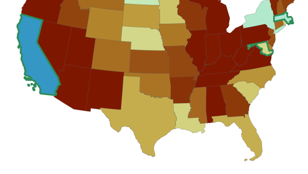 This map illustrates the ratio between homeowners insurance premiums for low-credit-score customers and high-credit-score customers. Those ratios are notably high in several Mountain West states.  