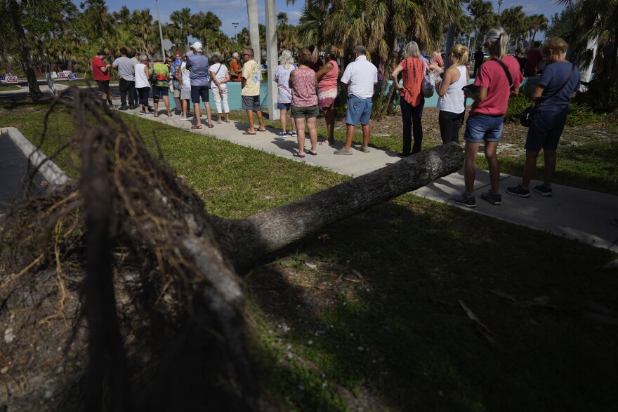 Lee County voters wait in line to cast their ballots beside an uprooted tree, at Northeast Regional Library in Cape Coral, Fla, on Election Day, Tuesday, Nov. 8, 2022. After the area was devastated and thousands were left displaced by Hurricane Ian, Lee County extended their early voting period and permitted voters on Election Day to cast their ballot in any of the dozen open polling places. (AP Photo/Rebecca Blackwell)