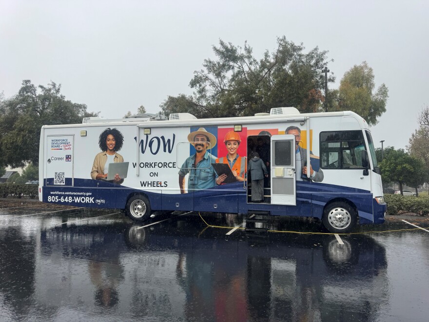 Workforce on Wheels is a large RV equipped with computer workstations, training equipment, and internet connectivity.