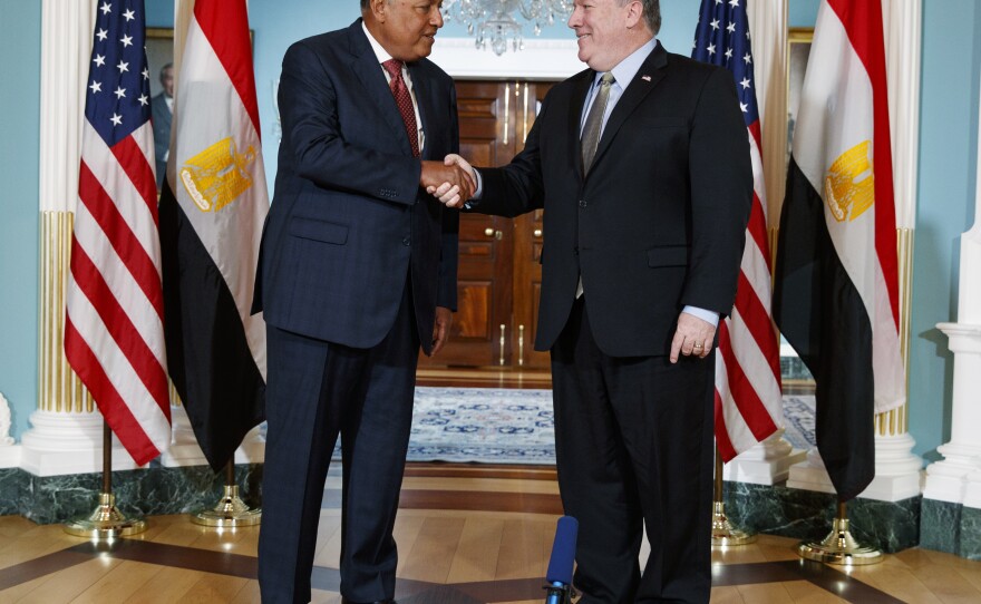Secretary of State Mike Pompeo (right) meets with Egyptian Foreign Minister Sameh Shoukry at the State Department Wednesday.
