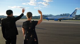 A plane carrying House Speaker Nancy Pelosi and her delegation departs Taipei on Wednesday.