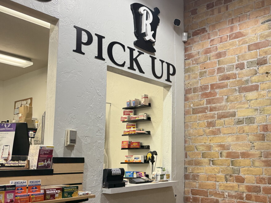 The pickup counter at Downtown Drug in Glenwood Springs sits empty for a moment on Sept. 5, 2026. The busy pharmacy has been working to fill estrogen patch prescriptions during a nationwide shortage.